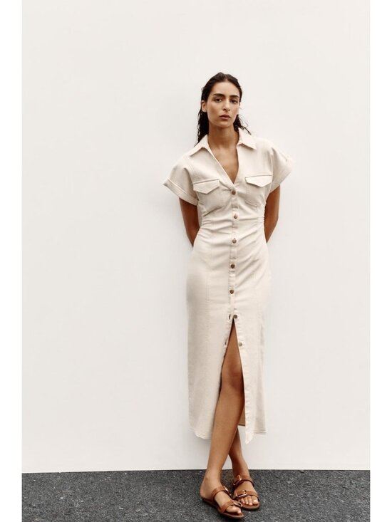 Zara Dresses & Skirts - Zara Womens Shirt Dress denim M Ecru Ivory Midi Button Front 8062/622 NWT